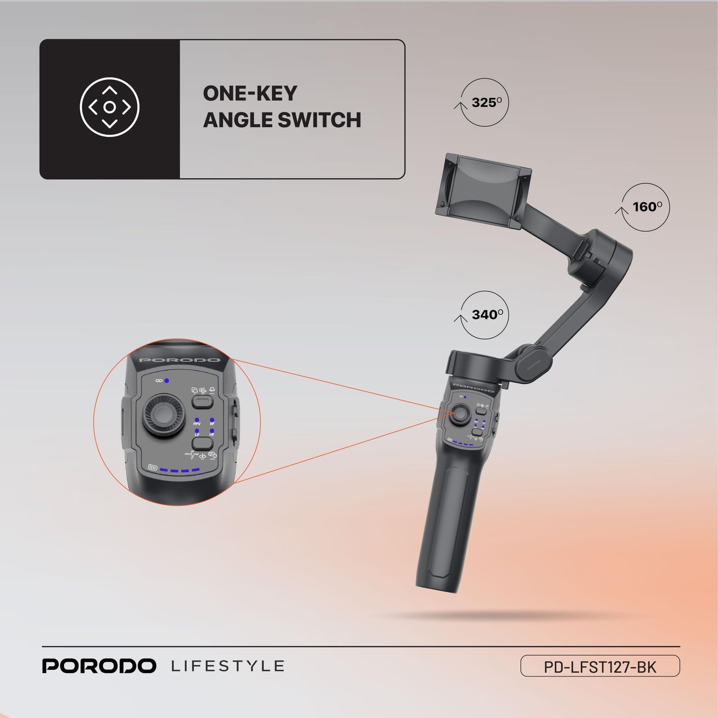 Porodo 3-Axis Gimbal Stabilizer with Magnetic Fill Light